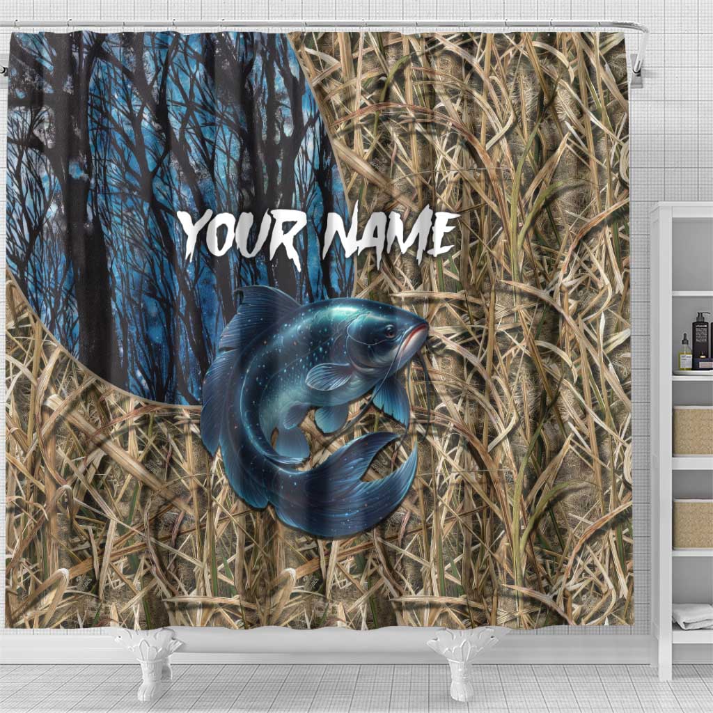 Catfish Fishing Personalized Shower Curtain Blue Bass and Camo Reeds Background - Wonder Print Shop