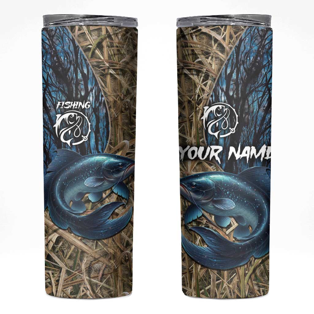 Catfish Fishing Personalized Skinny Tumbler Blue Bass and Camo Reeds Background - Wonder Print Shop