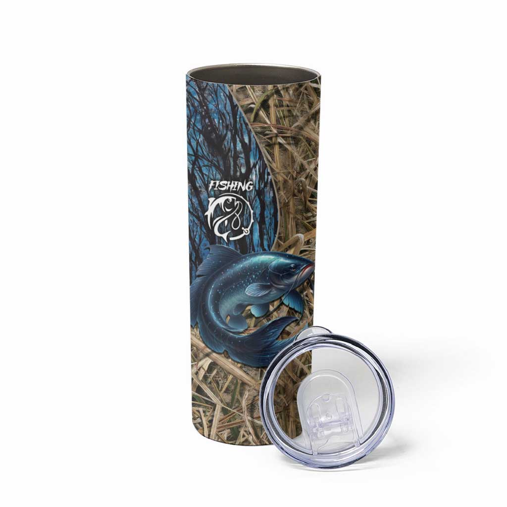 Catfish Fishing Personalized Skinny Tumbler Blue Bass and Camo Reeds Background - Wonder Print Shop