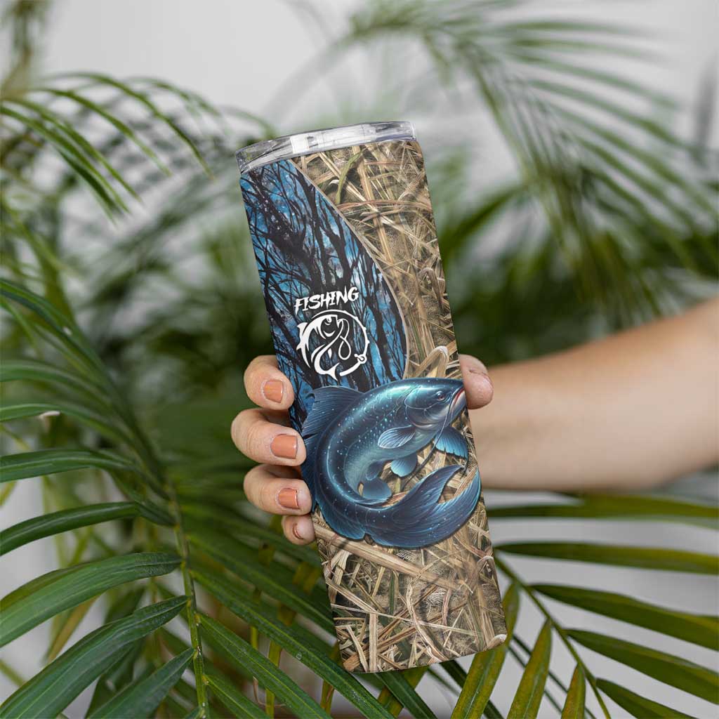 Catfish Fishing Personalized Skinny Tumbler Blue Bass and Camo Reeds Background - Wonder Print Shop