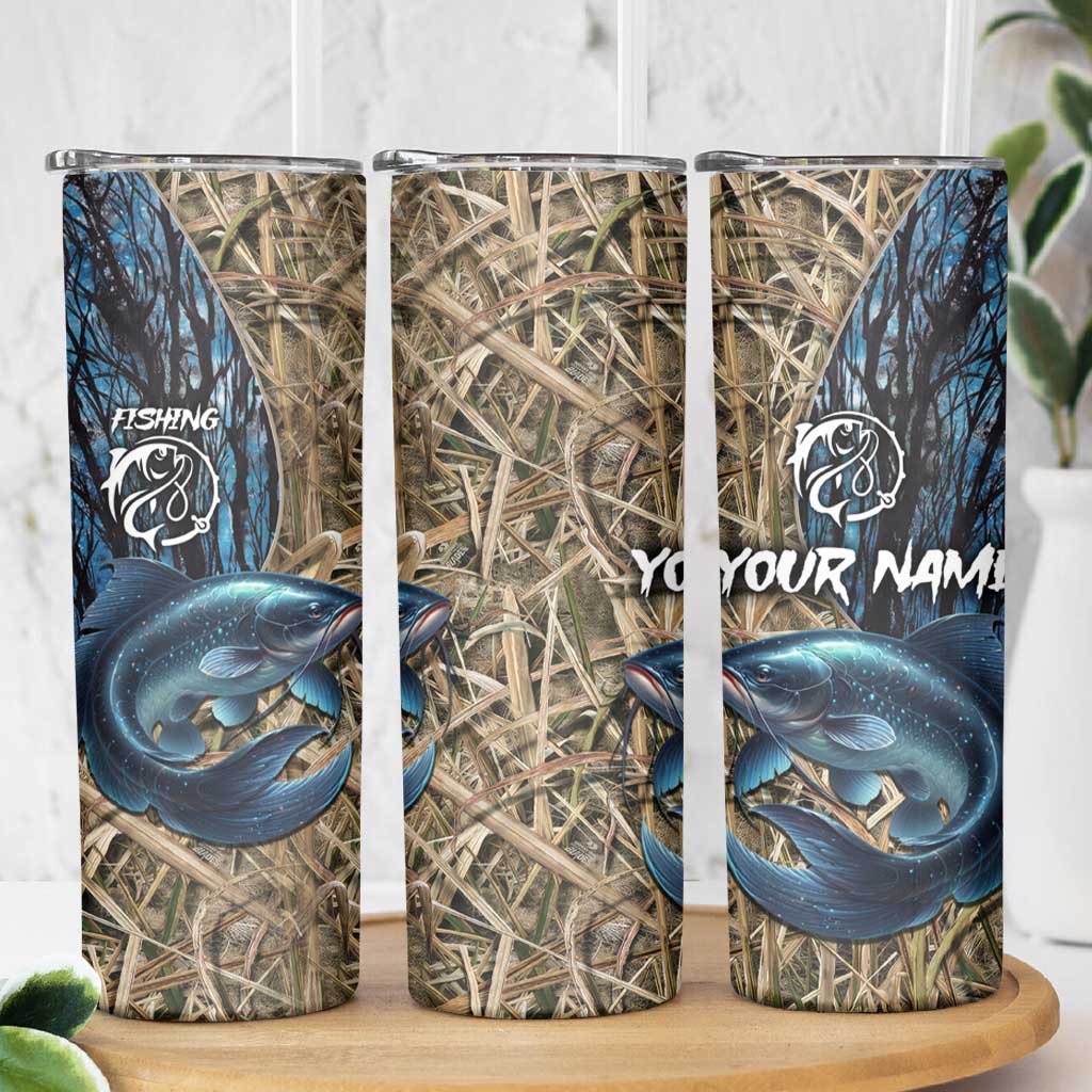 Catfish Fishing Personalized Skinny Tumbler Blue Bass and Camo Reeds Background - Wonder Print Shop