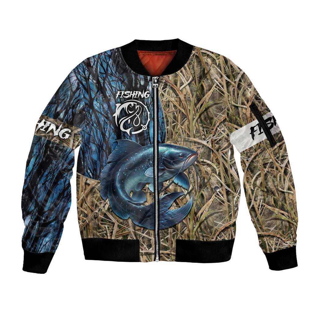 Catfish Fishing Personalized Sleeve Zip Bomber Jacket Blue Bass and Camo Reeds Background - Wonder Print Shop
