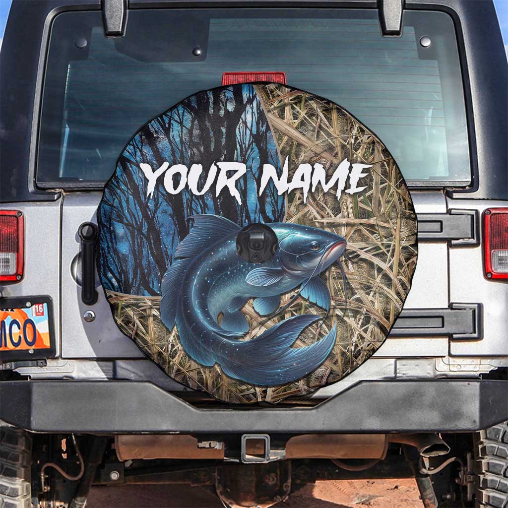 Catfish Fishing Personalized Spare Tire Cover Blue Bass and Camo Reeds Background - Wonder Print Shop