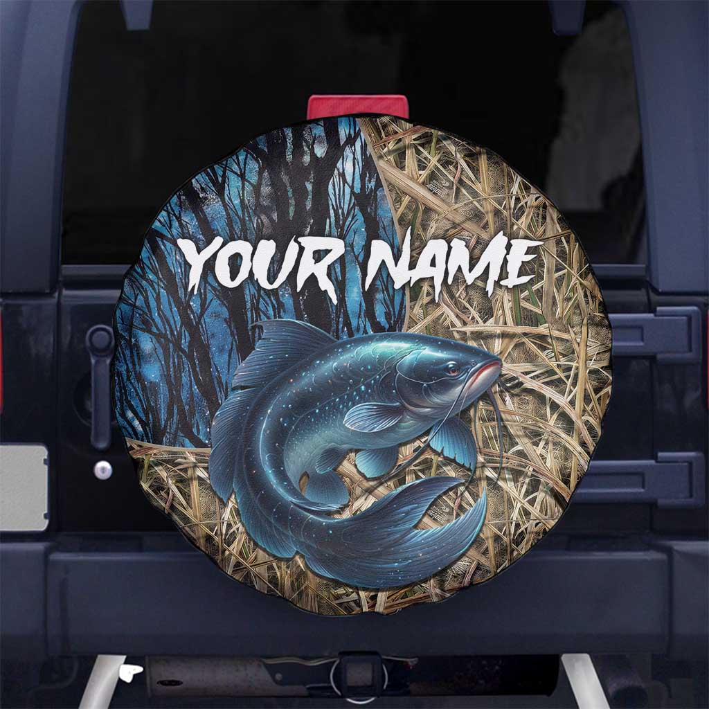 Catfish Fishing Personalized Spare Tire Cover Blue Bass and Camo Reeds Background - Wonder Print Shop