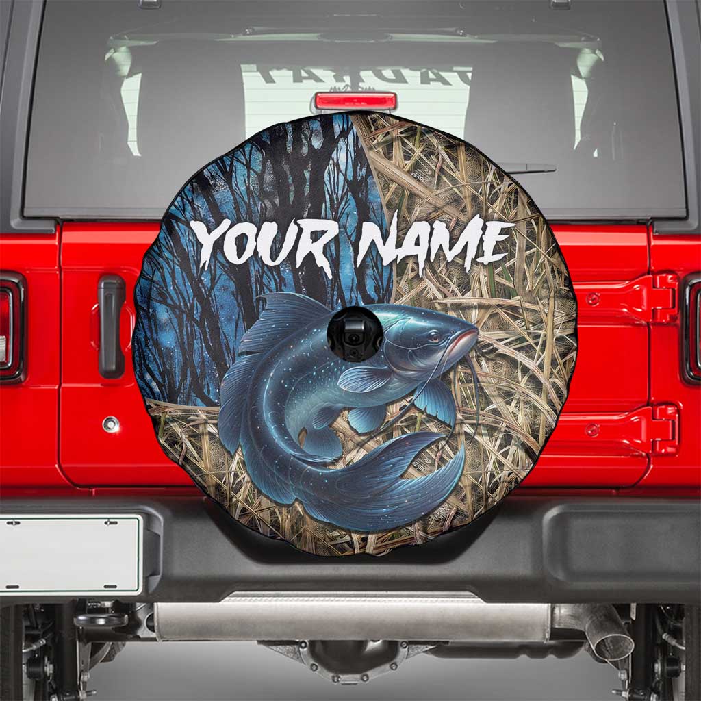 Catfish Fishing Personalized Spare Tire Cover Blue Bass and Camo Reeds Background - Wonder Print Shop
