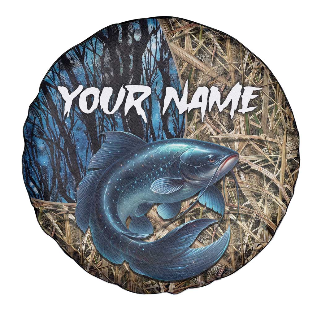 Catfish Fishing Personalized Spare Tire Cover Blue Bass and Camo Reeds Background - Wonder Print Shop