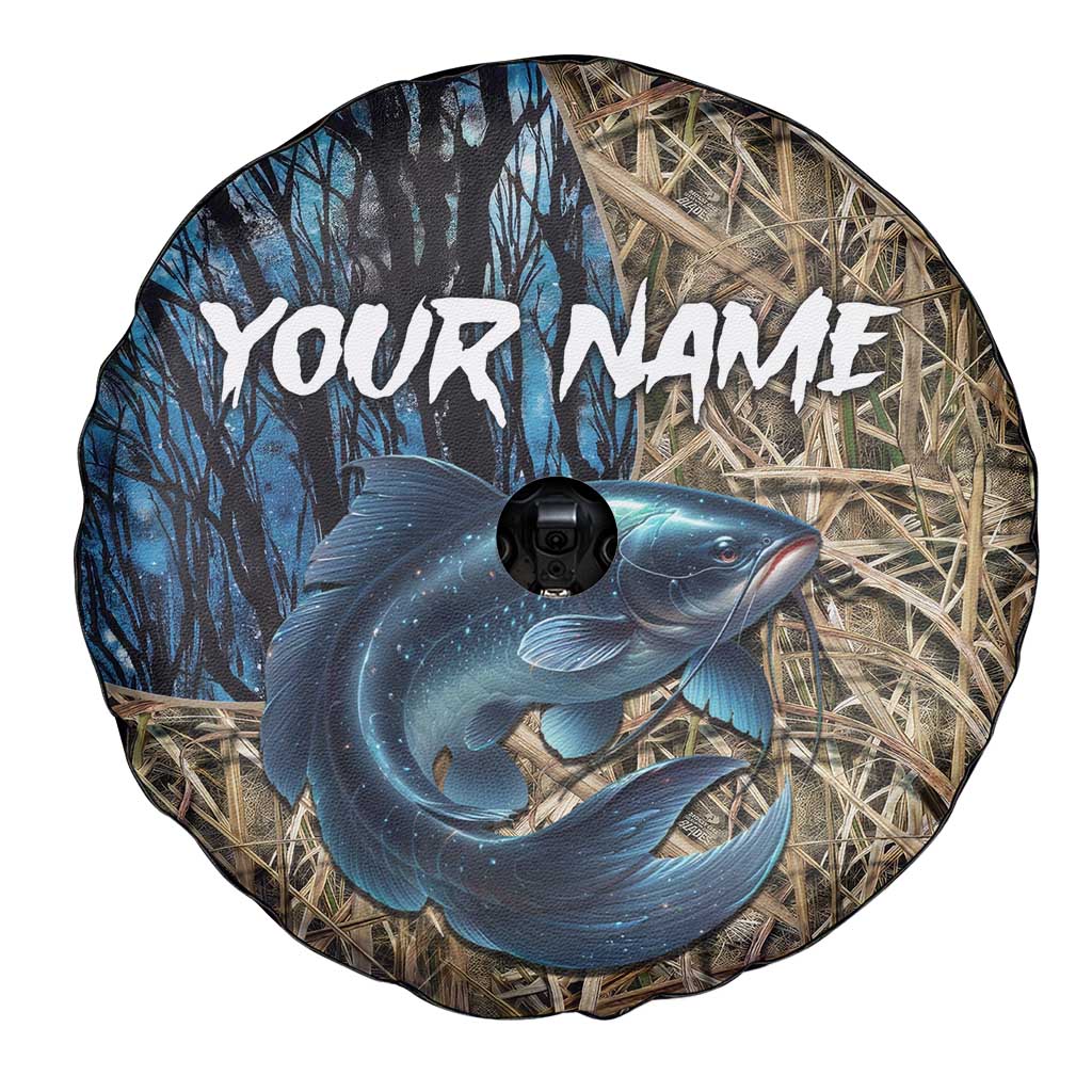 Catfish Fishing Personalized Spare Tire Cover Blue Bass and Camo Reeds Background - Wonder Print Shop