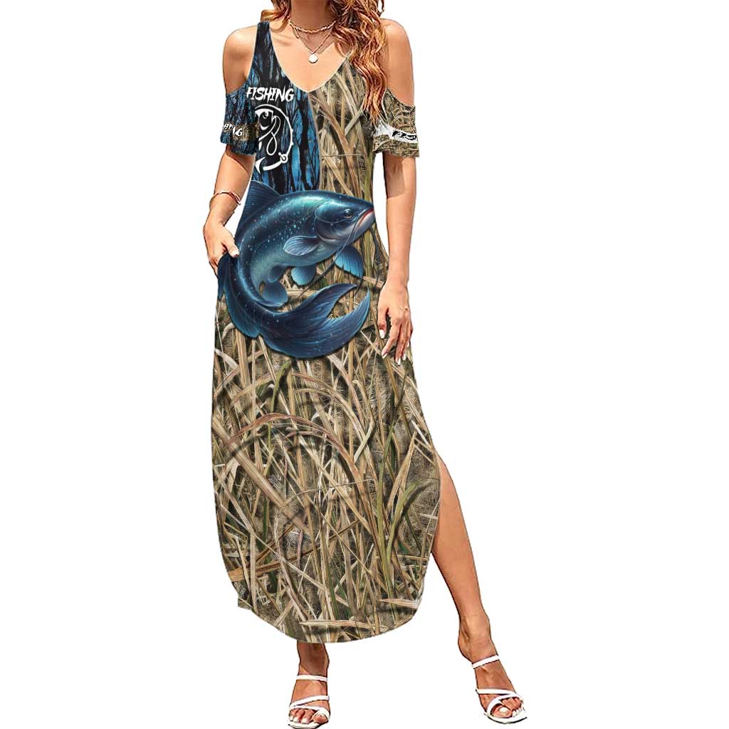 Catfish Fishing Personalized Summer Maxi Dress Blue Bass and Camo Reeds Background - Wonder Print Shop
