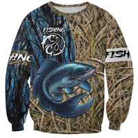 Catfish Fishing Personalized Sweatshirt Blue Bass and Camo Reeds Background - Wonder Print Shop