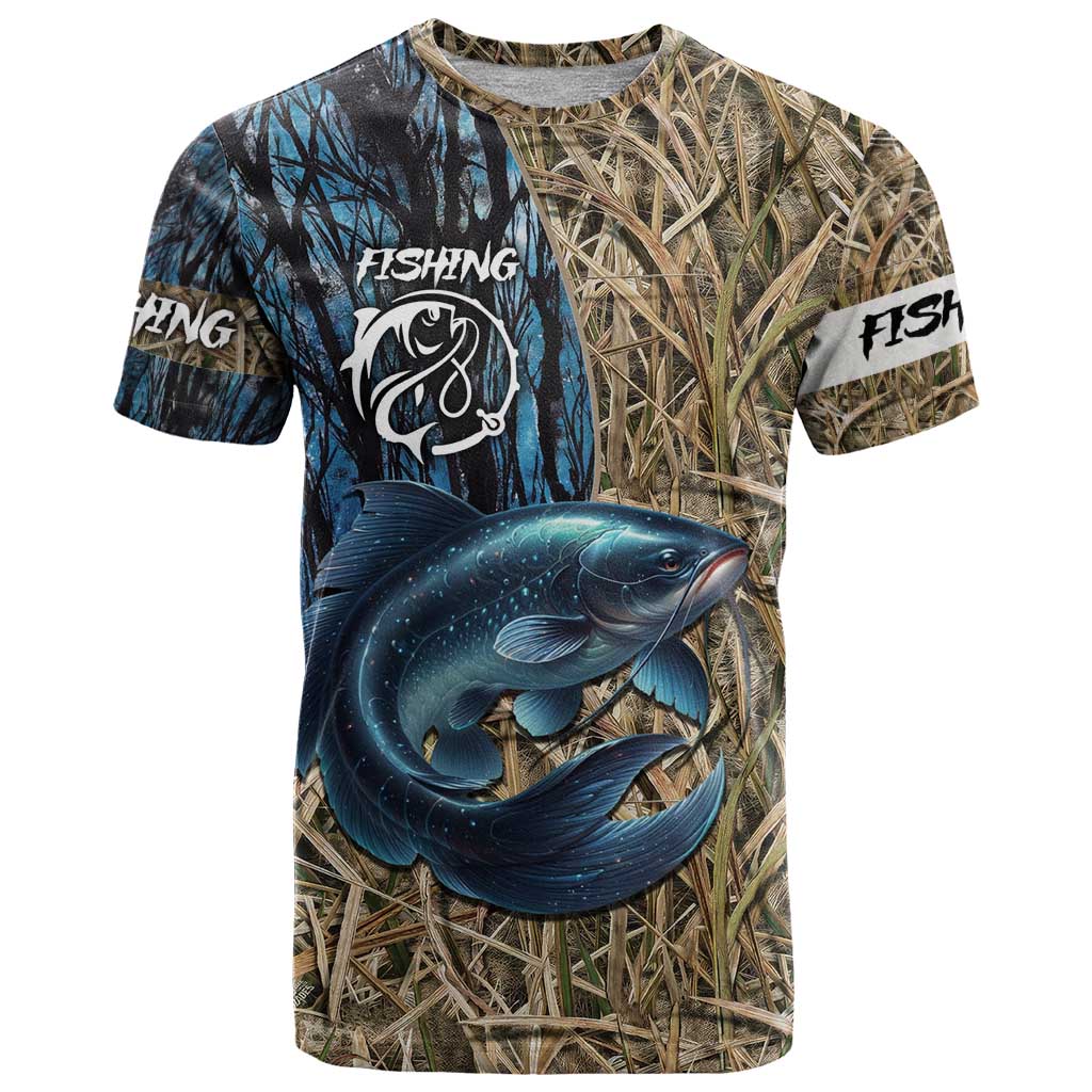 Catfish Fishing Personalized T Shirt Blue Bass and Camo Reeds Background - Wonder Print Shop