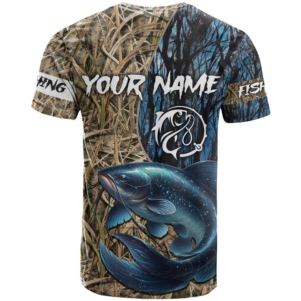 Catfish Fishing Personalized T Shirt Blue Bass and Camo Reeds Background - Wonder Print Shop