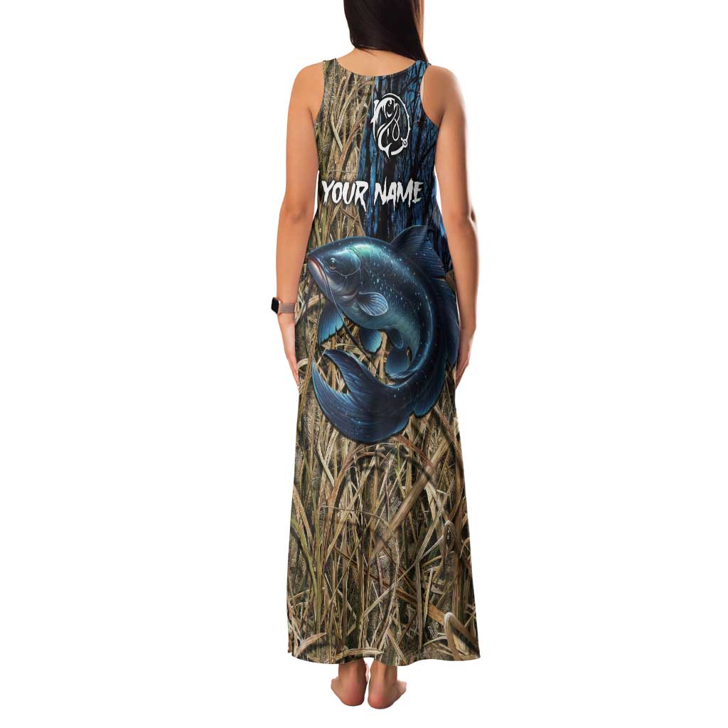 Catfish Fishing Personalized Tank Maxi Dress Blue Bass and Camo Reeds Background - Wonder Print Shop