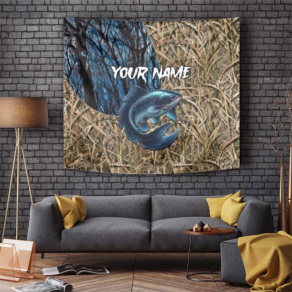 Catfish Fishing Personalized Tapestry Blue Bass and Camo Reeds Background - Wonder Print Shop