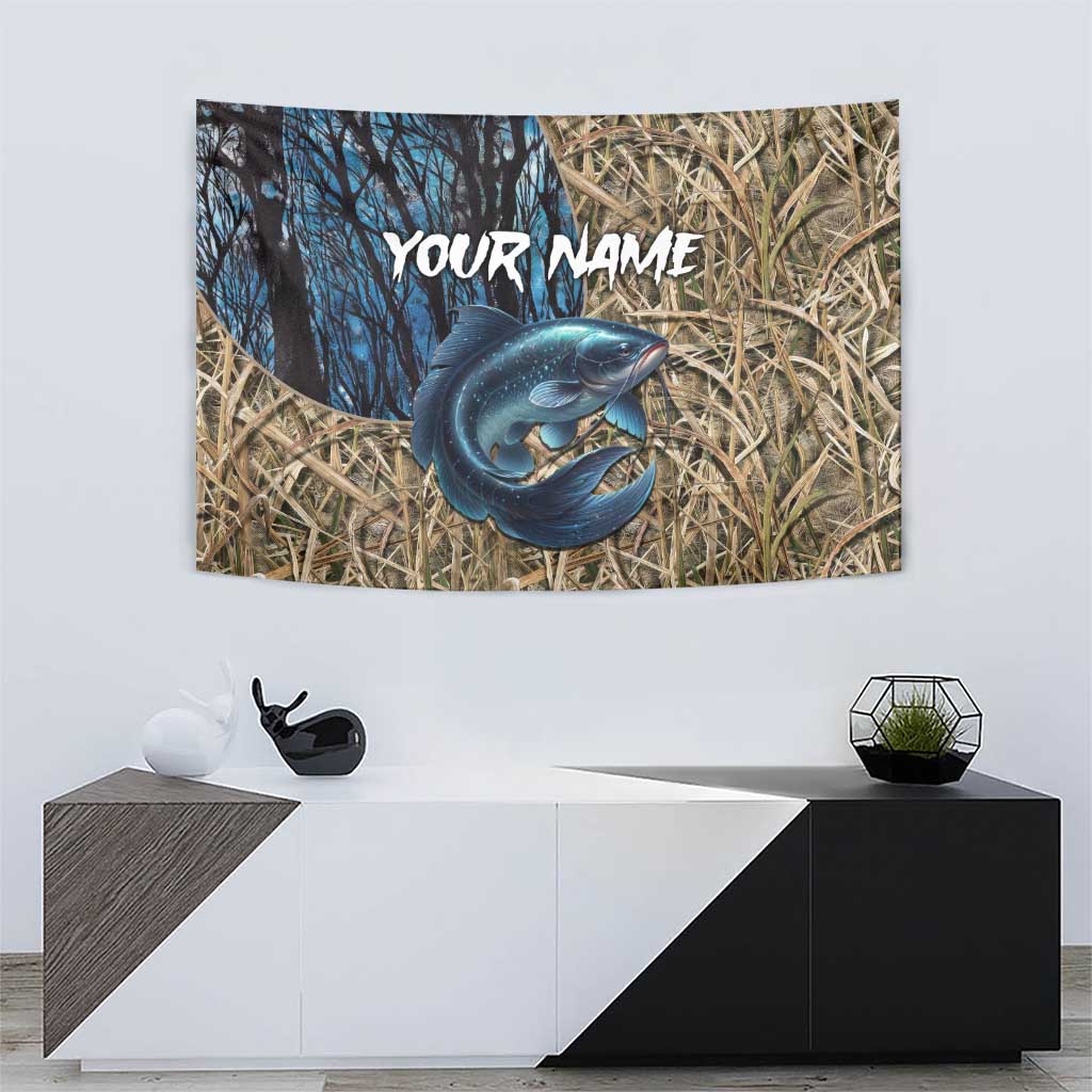 Catfish Fishing Personalized Tapestry Blue Bass and Camo Reeds Background - Wonder Print Shop