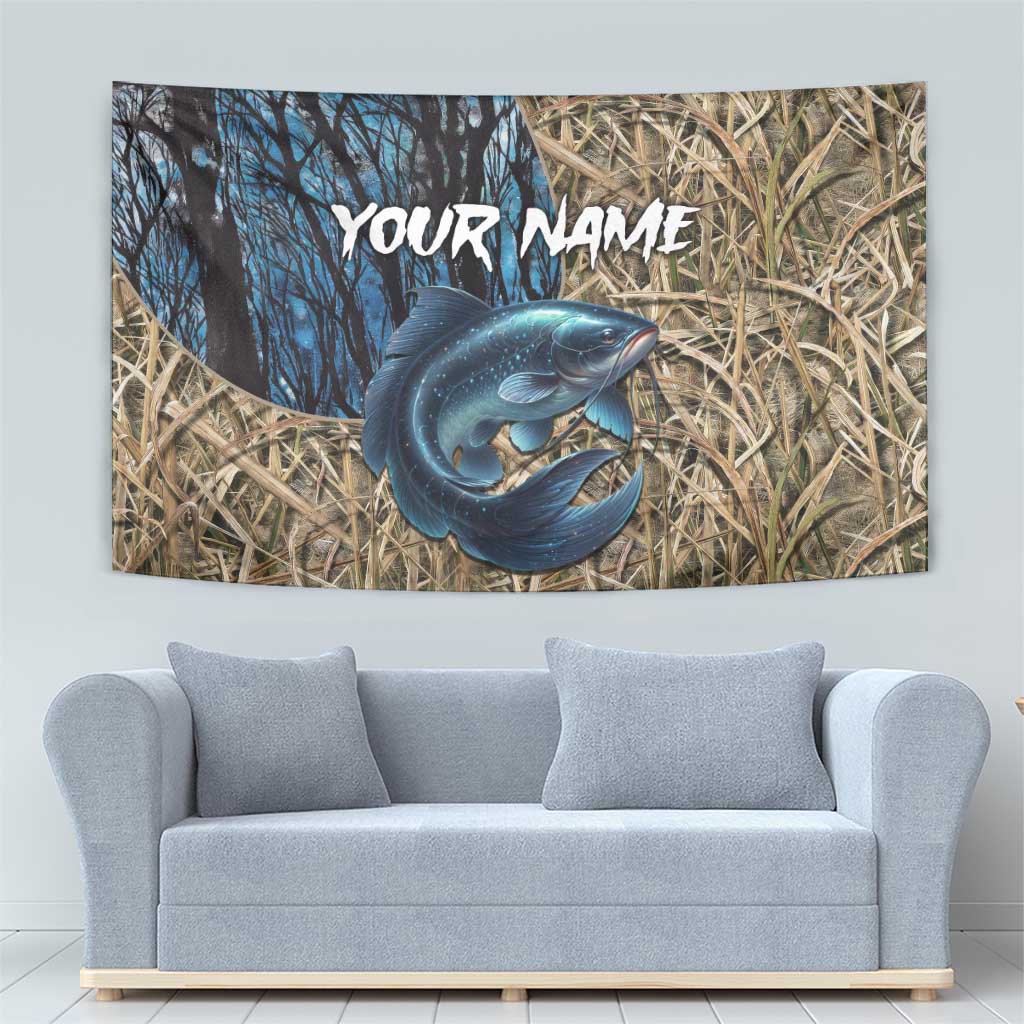 Catfish Fishing Personalized Tapestry Blue Bass and Camo Reeds Background - Wonder Print Shop