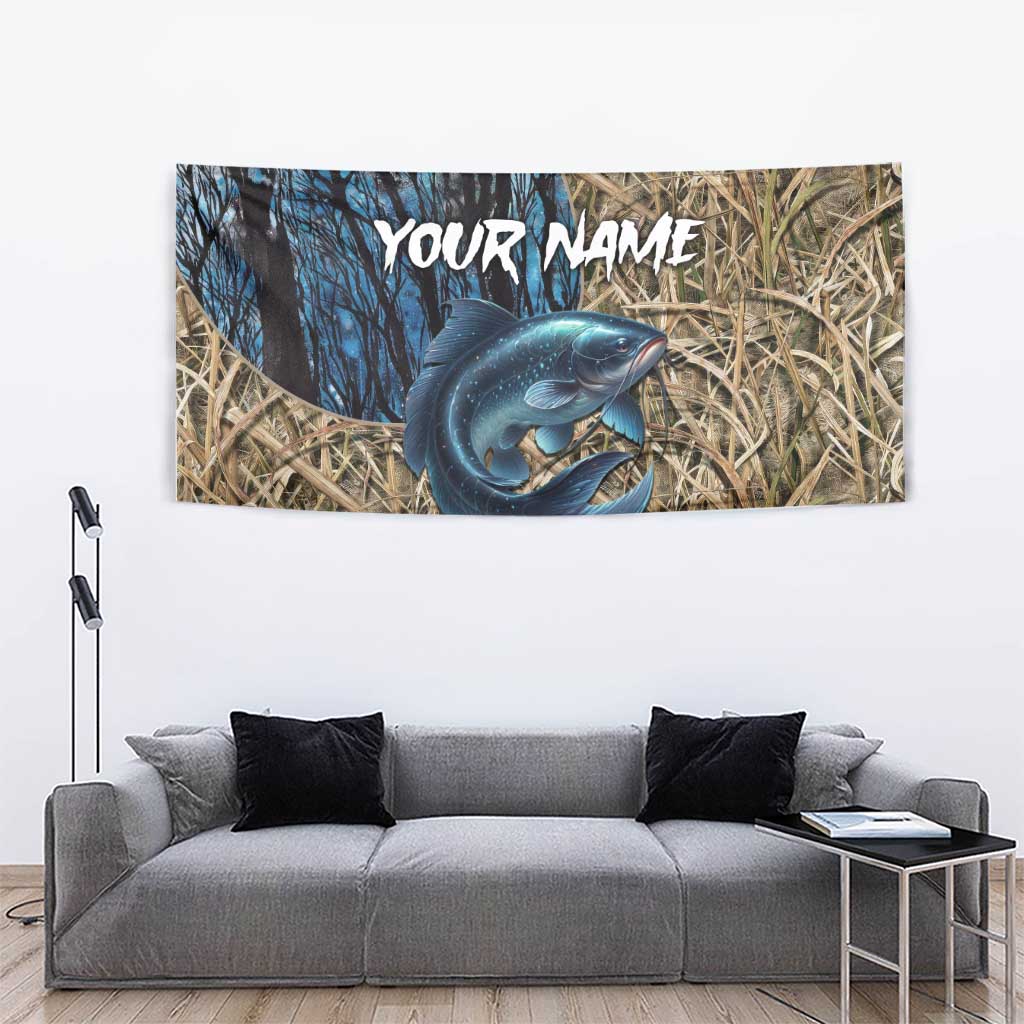 Catfish Fishing Personalized Tapestry Blue Bass and Camo Reeds Background - Wonder Print Shop