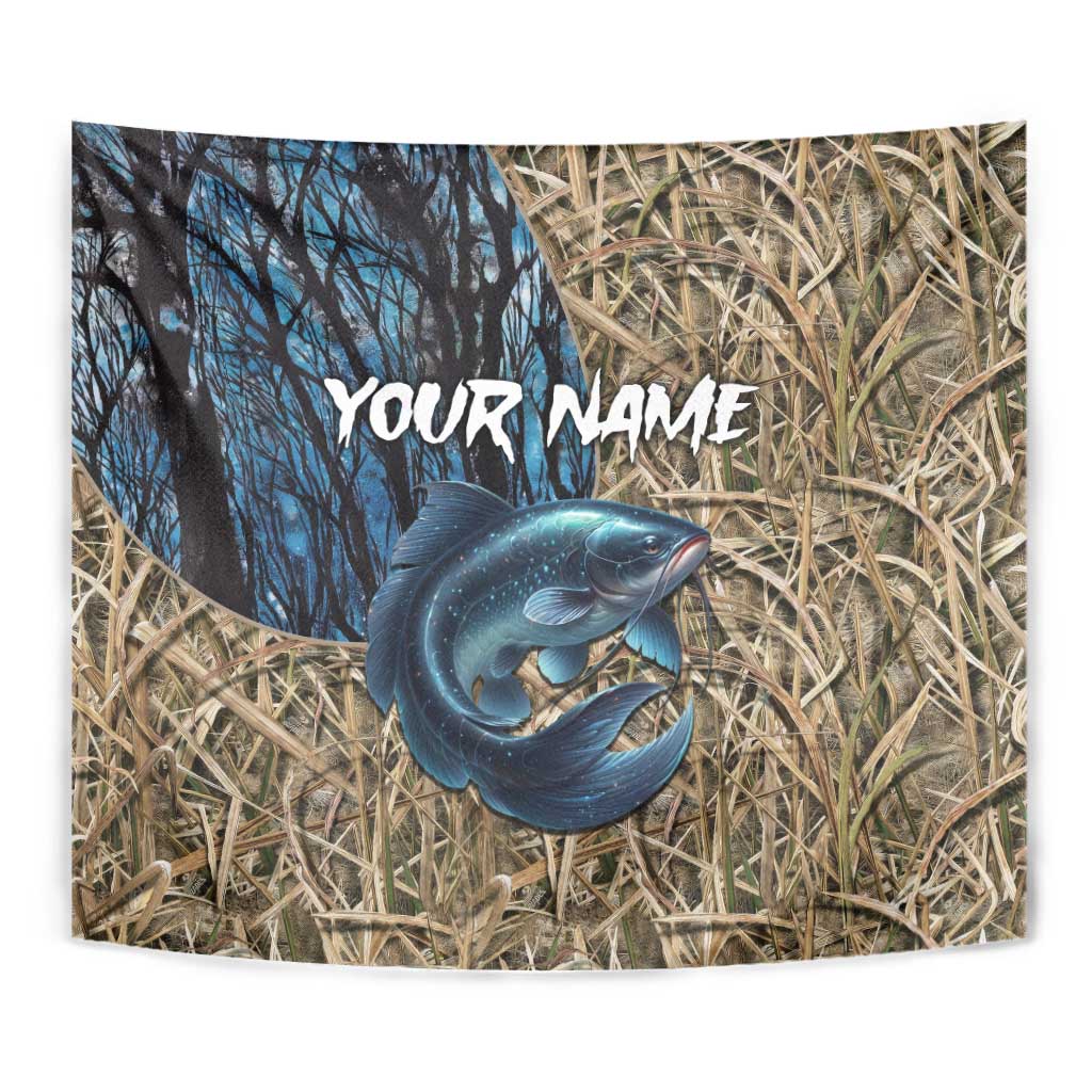 Catfish Fishing Personalized Tapestry Blue Bass and Camo Reeds Background - Wonder Print Shop