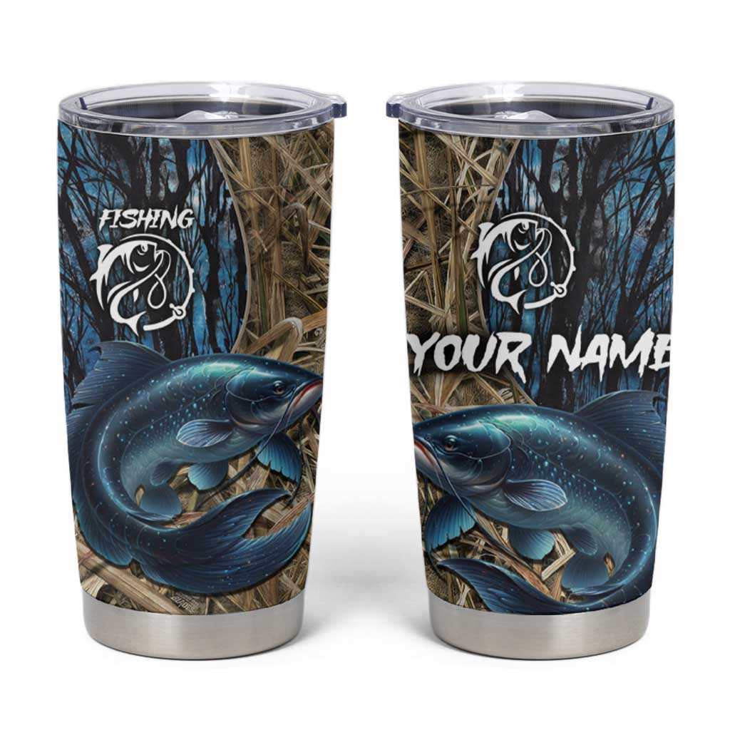 Catfish Fishing Personalized Tumbler Cup Blue Bass and Camo Reeds Background - Wonder Print Shop
