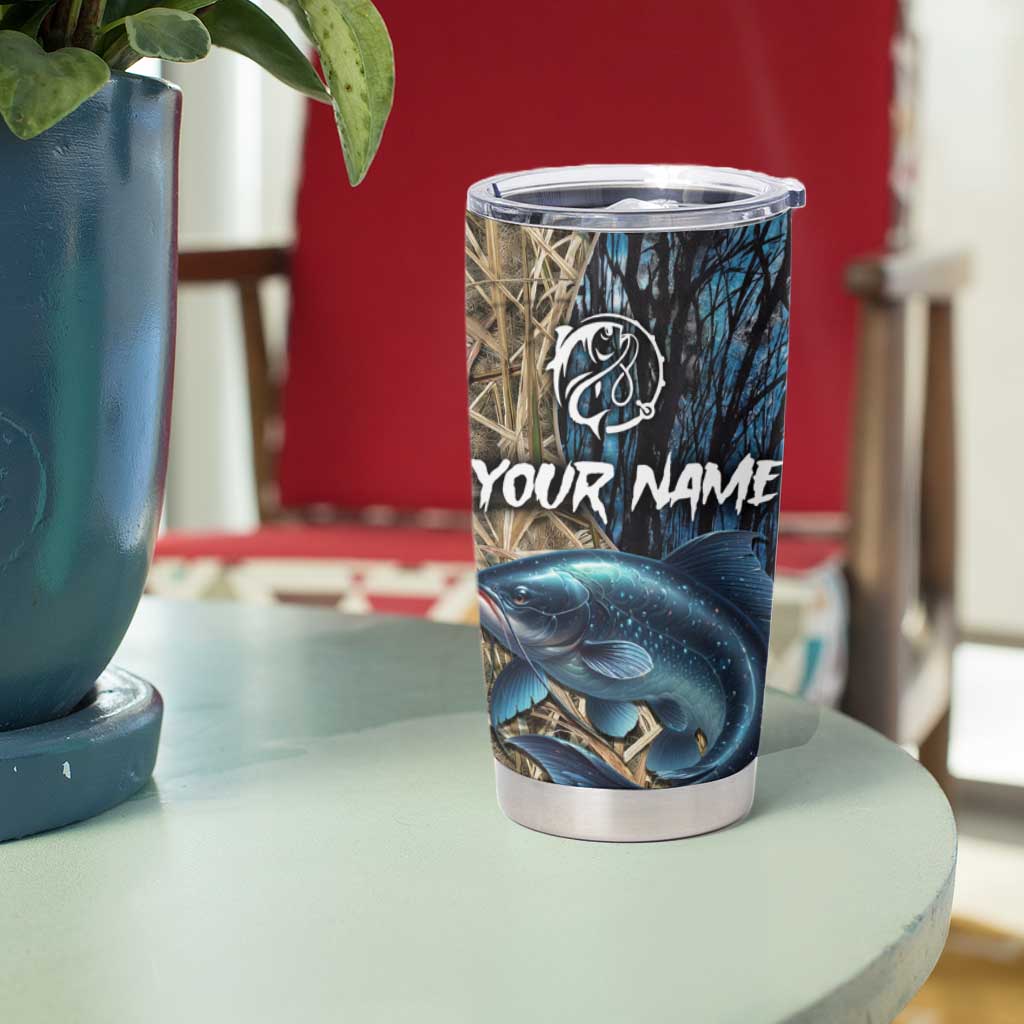 Catfish Fishing Personalized Tumbler Cup Blue Bass and Camo Reeds Background - Wonder Print Shop