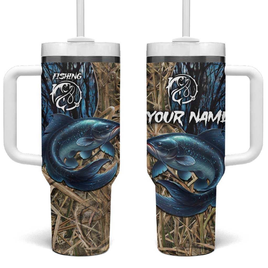 Catfish Fishing Personalized Tumbler With Handle Blue Bass and Camo Reeds Background - Wonder Print Shop