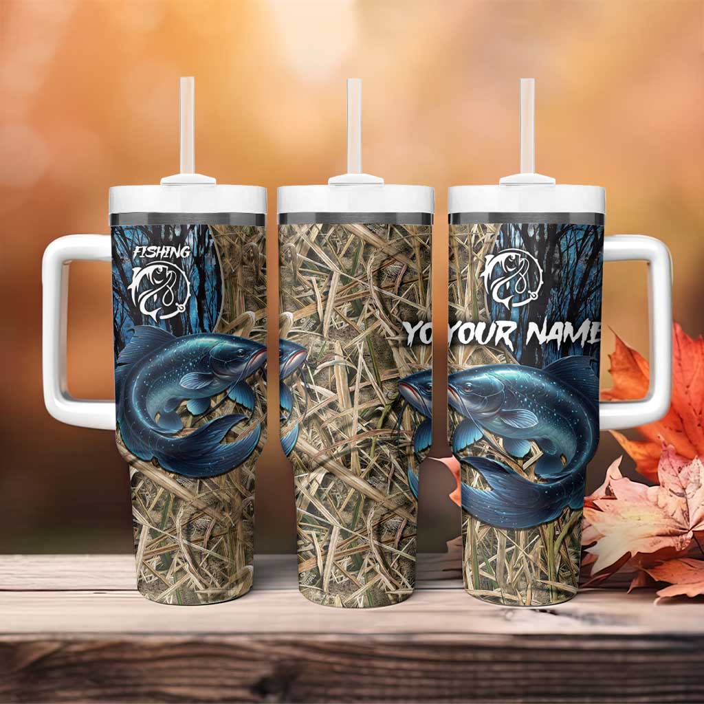 Catfish Fishing Personalized Tumbler With Handle Blue Bass and Camo Reeds Background - Wonder Print Shop