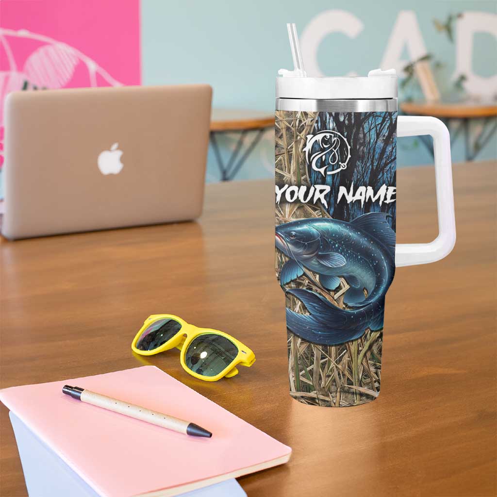 Catfish Fishing Personalized Tumbler With Handle Blue Bass and Camo Reeds Background - Wonder Print Shop