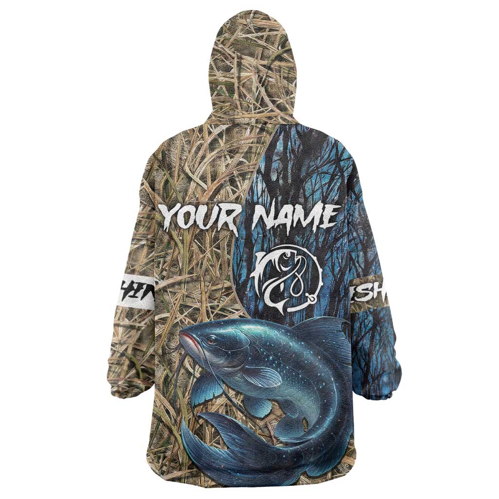 Catfish Fishing Personalized Wearable Blanket Hoodie Blue Bass and Camo Reeds Background - Wonder Print Shop