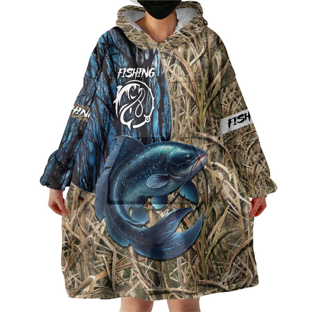 Catfish Fishing Personalized Wearable Blanket Hoodie Blue Bass and Camo Reeds Background - Wonder Print Shop