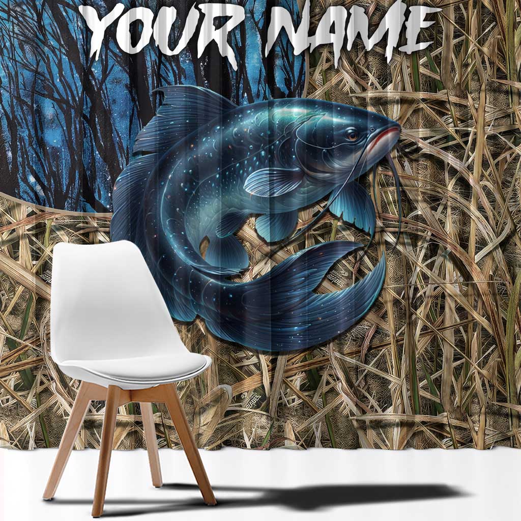 Catfish Fishing Personalized Window Curtain Blue Bass and Camo Reeds Background - Wonder Print Shop