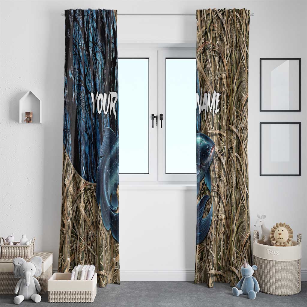 Catfish Fishing Personalized Window Curtain Blue Bass and Camo Reeds Background - Wonder Print Shop