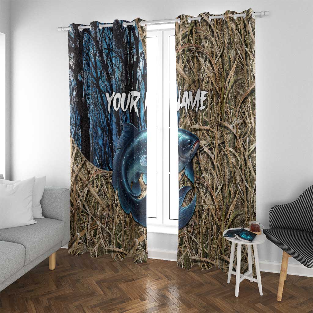 Catfish Fishing Personalized Window Curtain Blue Bass and Camo Reeds Background - Wonder Print Shop
