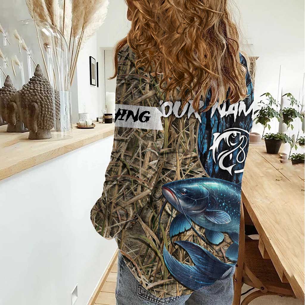 Catfish Fishing Personalized Women Casual Shirt Blue Bass and Camo Reeds Background - Wonder Print Shop