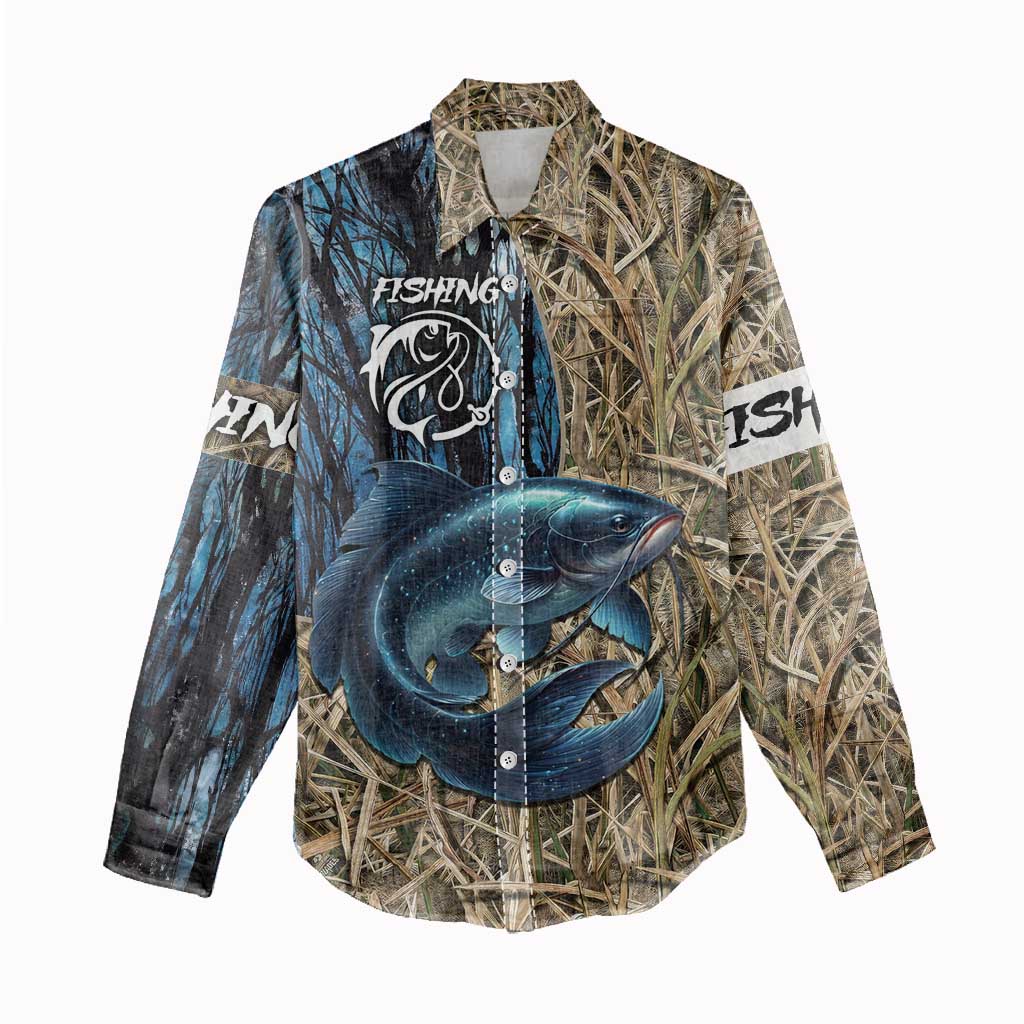 Catfish Fishing Personalized Women Casual Shirt Blue Bass and Camo Reeds Background - Wonder Print Shop