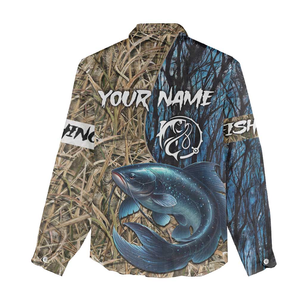 Catfish Fishing Personalized Women Casual Shirt Blue Bass and Camo Reeds Background - Wonder Print Shop