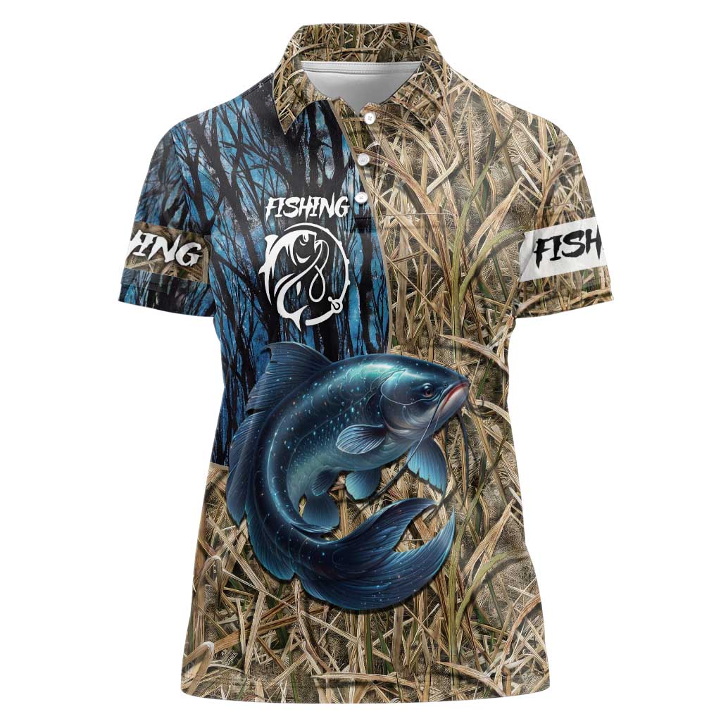 Catfish Fishing Personalized Women Polo Shirt Blue Bass and Camo Reeds Background - Wonder Print Shop