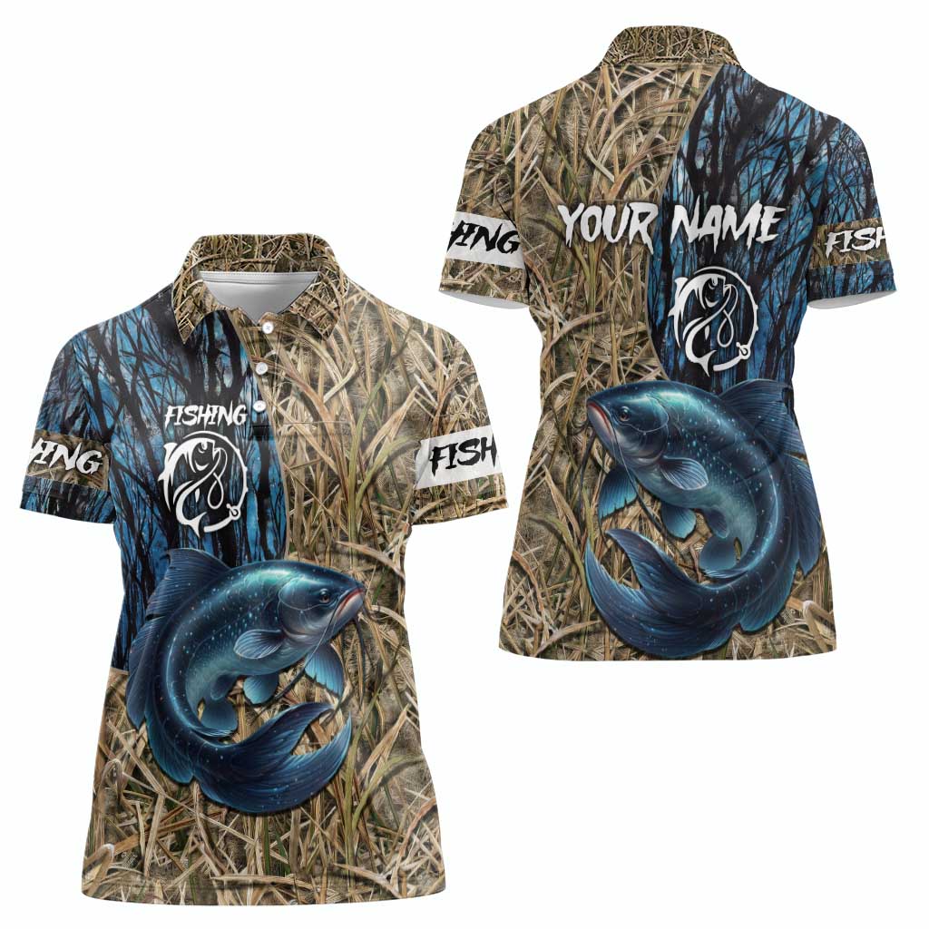 Catfish Fishing Personalized Women Polo Shirt Blue Bass and Camo Reeds Background - Wonder Print Shop
