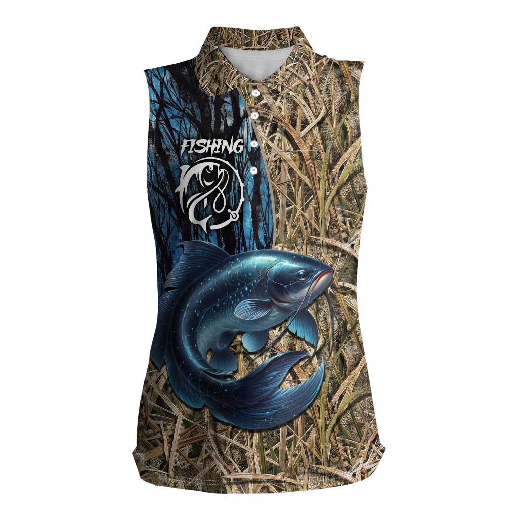 Catfish Fishing Personalized Women Sleeveless Polo Shirt Blue Bass and Camo Reeds Background - Wonder Print Shop