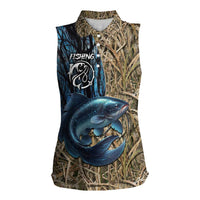 Catfish Fishing Personalized Women Sleeveless Polo Shirt Blue Bass and Camo Reeds Background - Wonder Print Shop