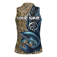 Catfish Fishing Personalized Women Sleeveless Polo Shirt Blue Bass and Camo Reeds Background - Wonder Print Shop