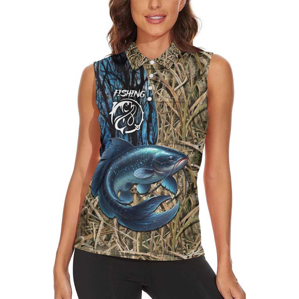 Catfish Fishing Personalized Women Sleeveless Polo Shirt Blue Bass and Camo Reeds Background - Wonder Print Shop