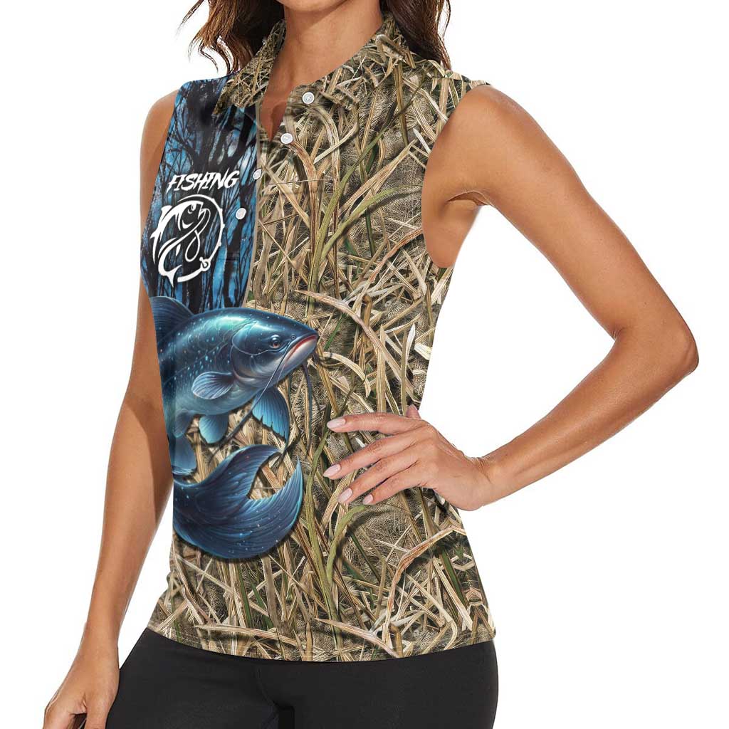 Catfish Fishing Personalized Women Sleeveless Polo Shirt Blue Bass and Camo Reeds Background - Wonder Print Shop