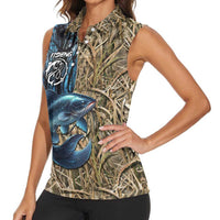 Catfish Fishing Personalized Women Sleeveless Polo Shirt Blue Bass and Camo Reeds Background - Wonder Print Shop