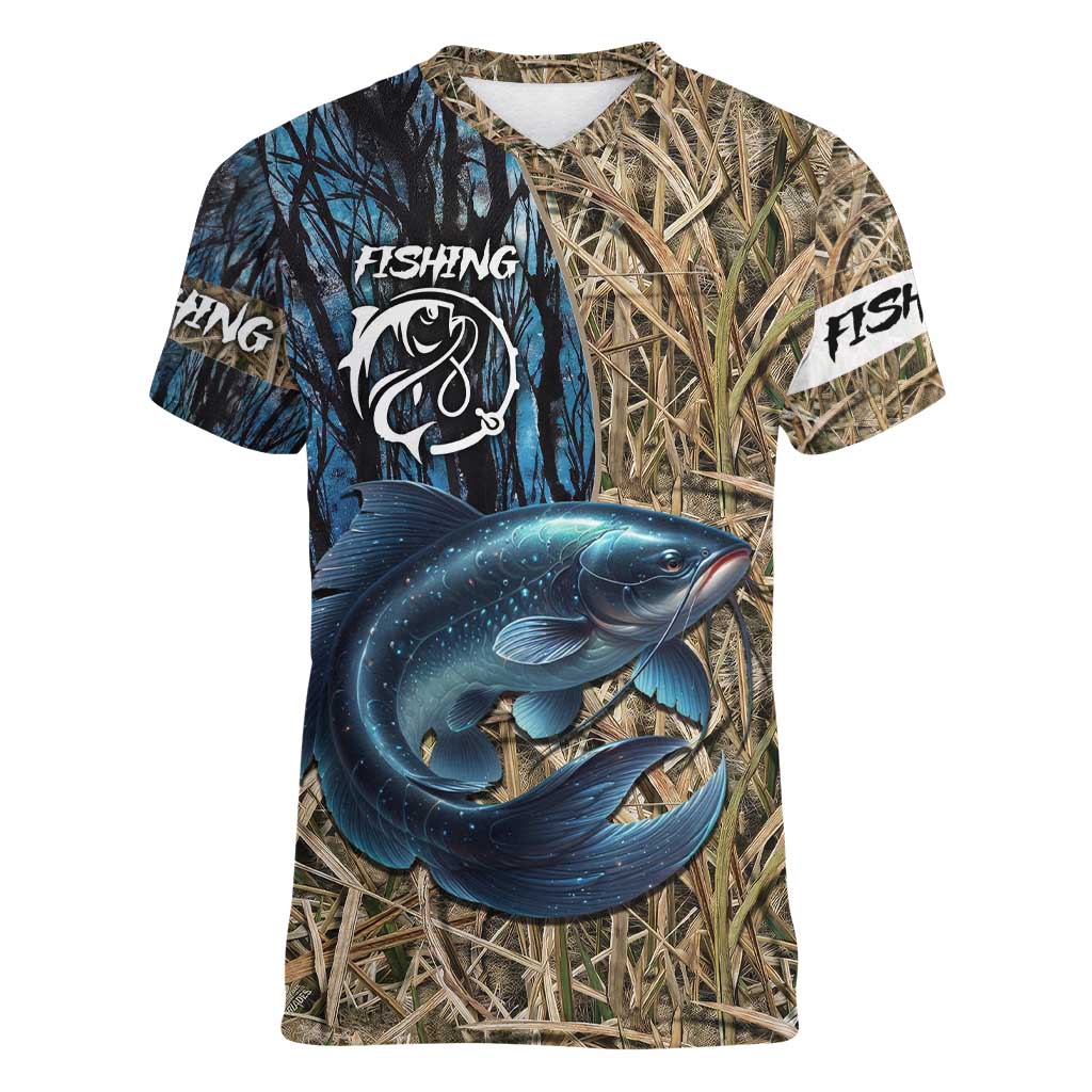 Catfish Fishing Personalized Women V-Neck T-Shirt Blue Bass and Camo Reeds Background - Wonder Print Shop