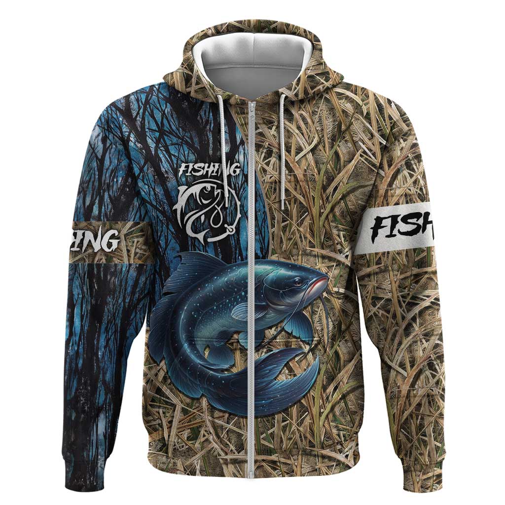 Catfish Fishing Personalized Zip Hoodie Blue Bass and Camo Reeds Background - Wonder Print Shop