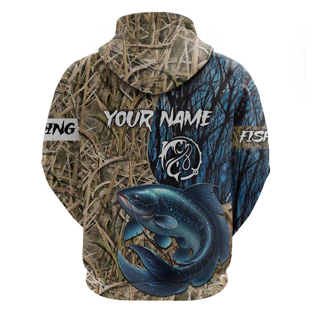 Catfish Fishing Personalized Zip Hoodie Blue Bass and Camo Reeds Background - Wonder Print Shop