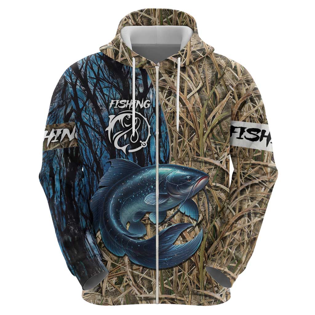 Catfish Fishing Personalized Zip Hoodie Blue Bass and Camo Reeds Background - Wonder Print Shop