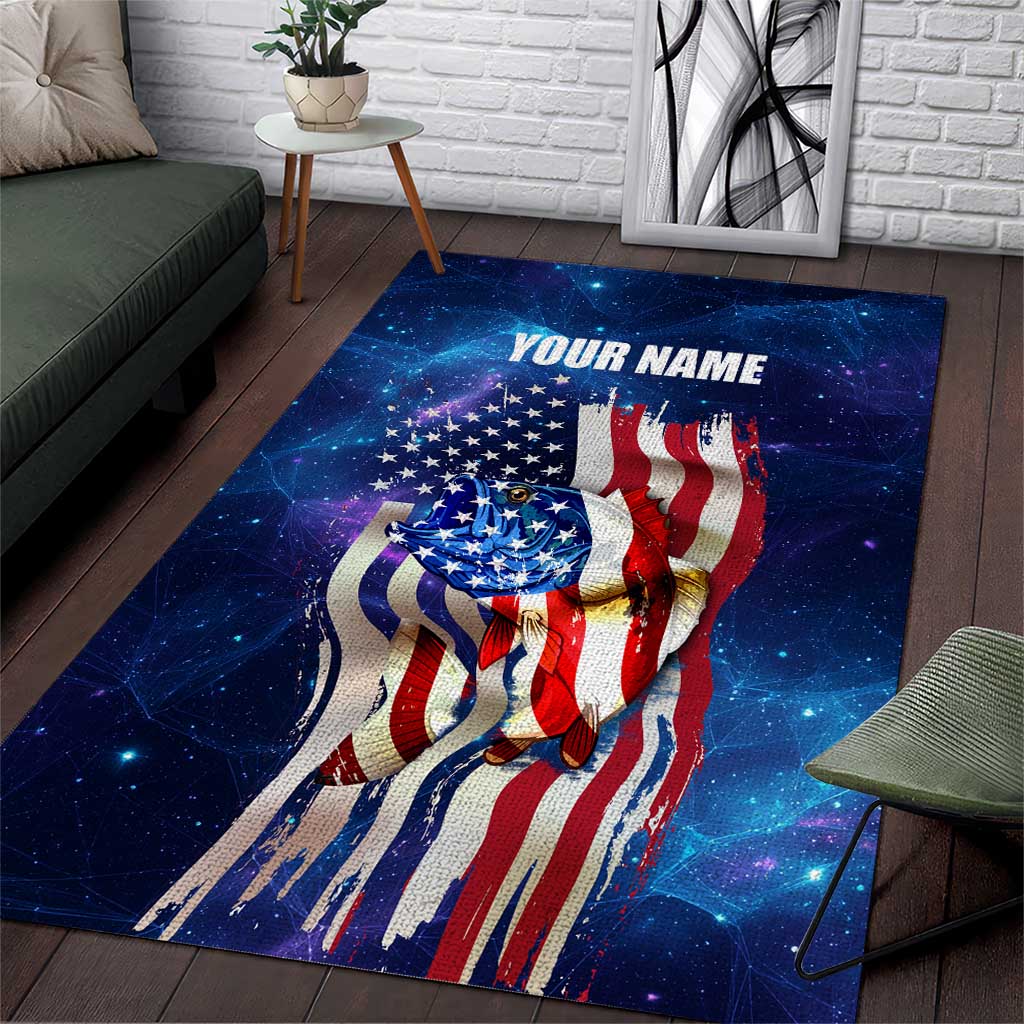 Bass Fishing Area Rug American Flag Patriotic and Cosmic Galaxy in Blue Red - Wonder Print Shop