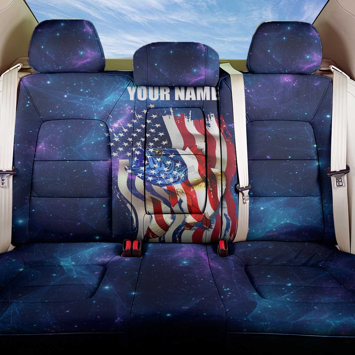Bass Fishing Back Car Seat Cover American Flag Patriotic and Cosmic Galaxy in Blue Red - Wonder Print Shop