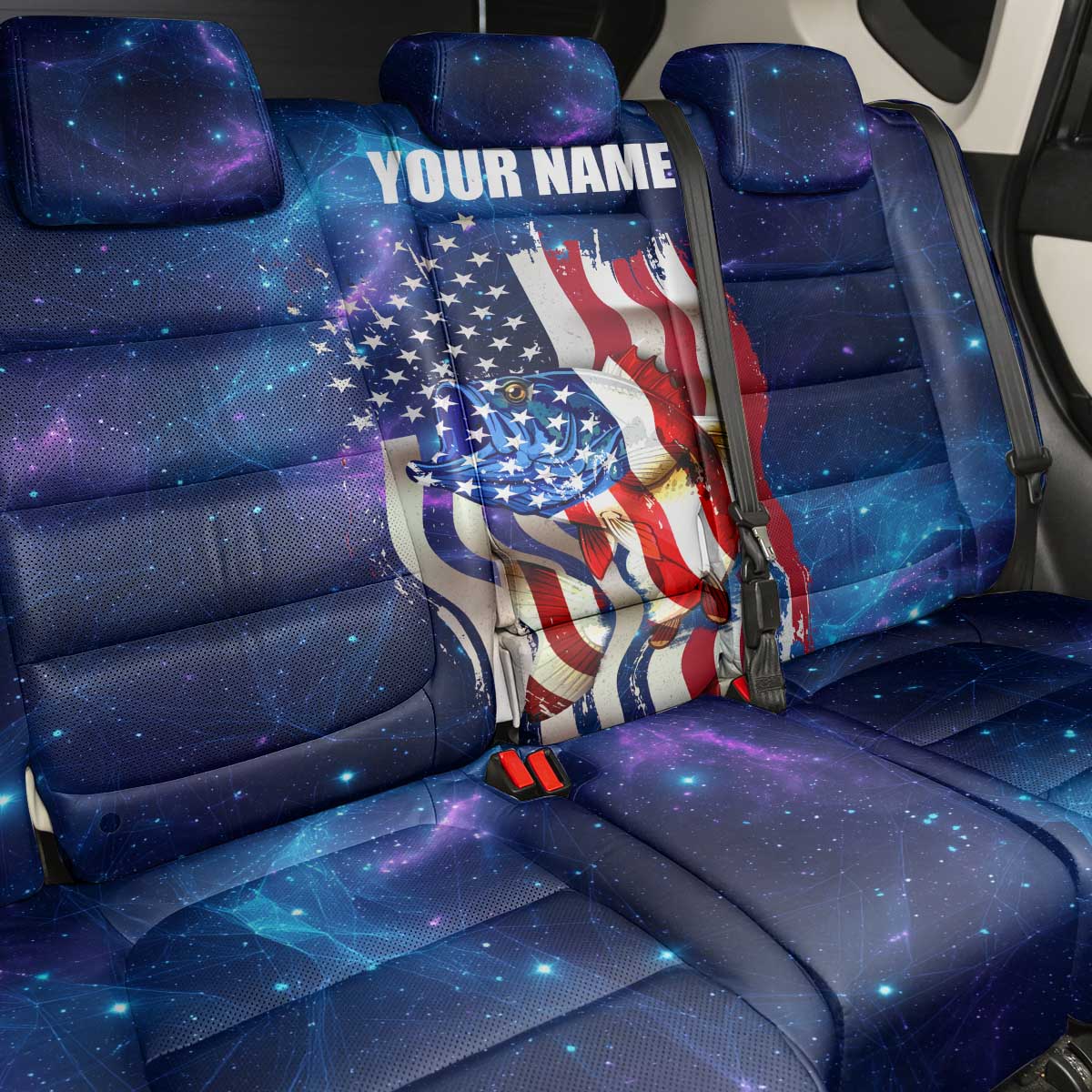 Bass Fishing Back Car Seat Cover American Flag Patriotic and Cosmic Galaxy in Blue Red - Wonder Print Shop