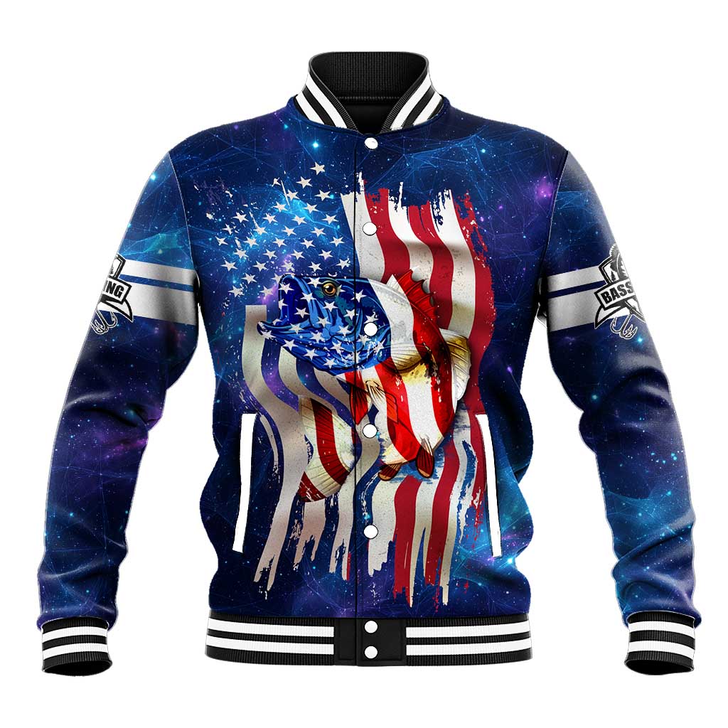 Bass Fishing Baseball Jacket American Flag Patriotic and Cosmic Galaxy in Blue Red - Wonder Print Shop